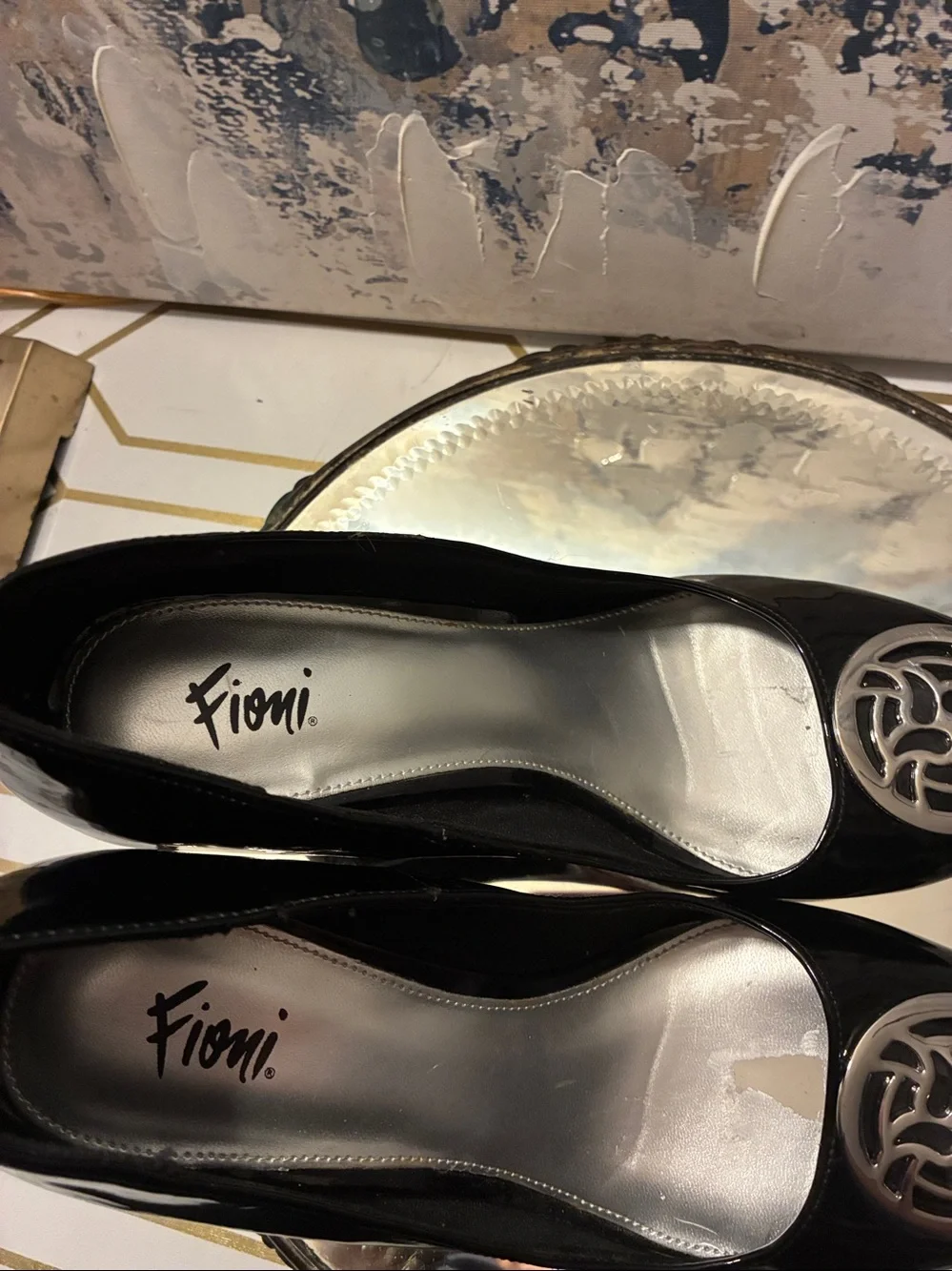 Genuine Fioni Black Patent Wedge Pumps with Silver Medallion Size 6.5